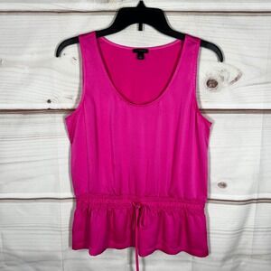 Ann Taylor Satin Peplum Tank Top Womens Small Pink Solid Smocked Drawstring Hem